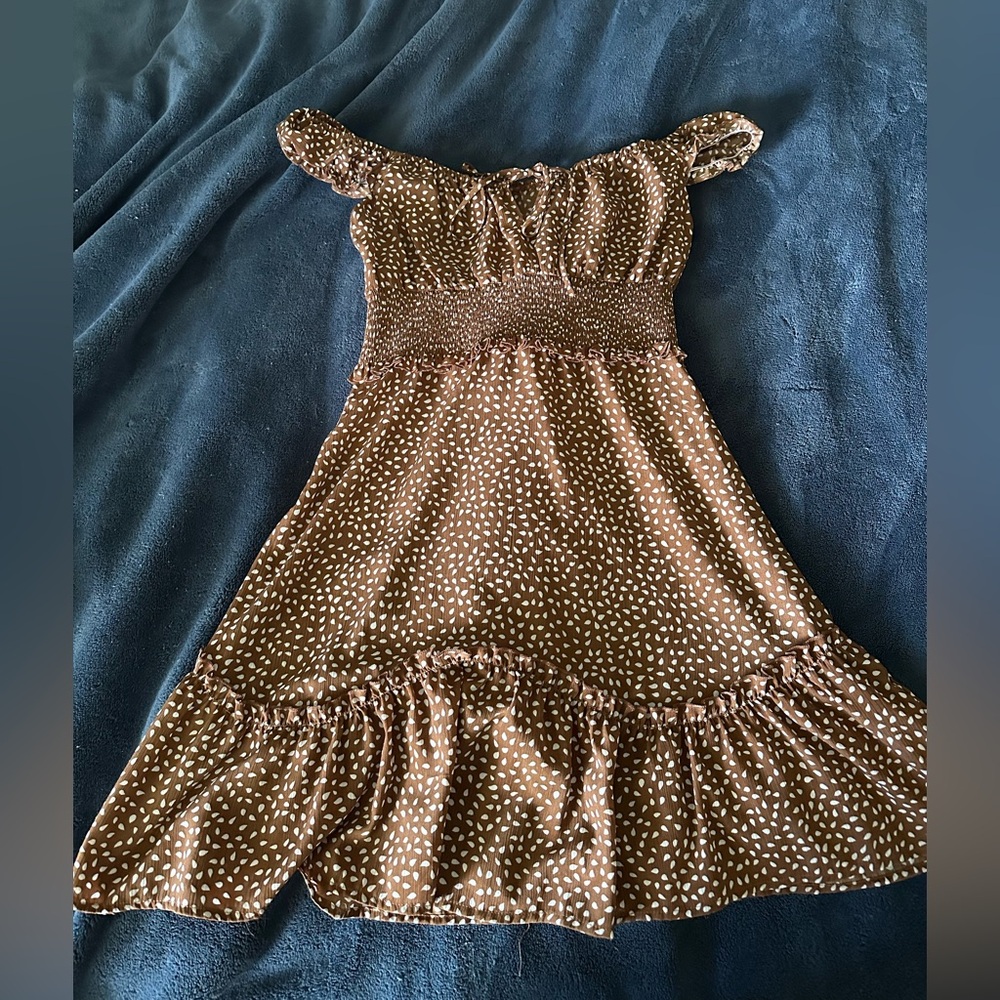 Brown Polka Dot Off-Shoulder Dress - Size Medium